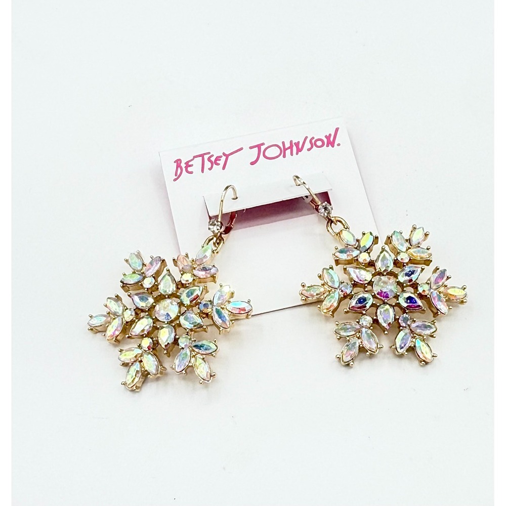 NWT Betsey Johnson Iridescent Crystal Snowflake Dangle Earrings Gold 2.25"